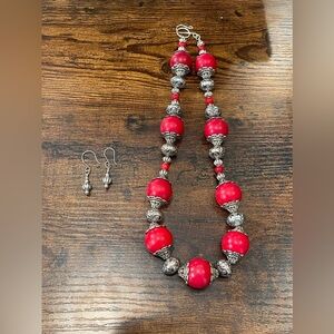 Coral Napari Red & Silver Necklace & Earring Set